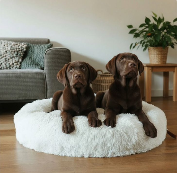 Brauner Labrador, der auf einem weißen, runden Bett von MrFluffyFriend liegt